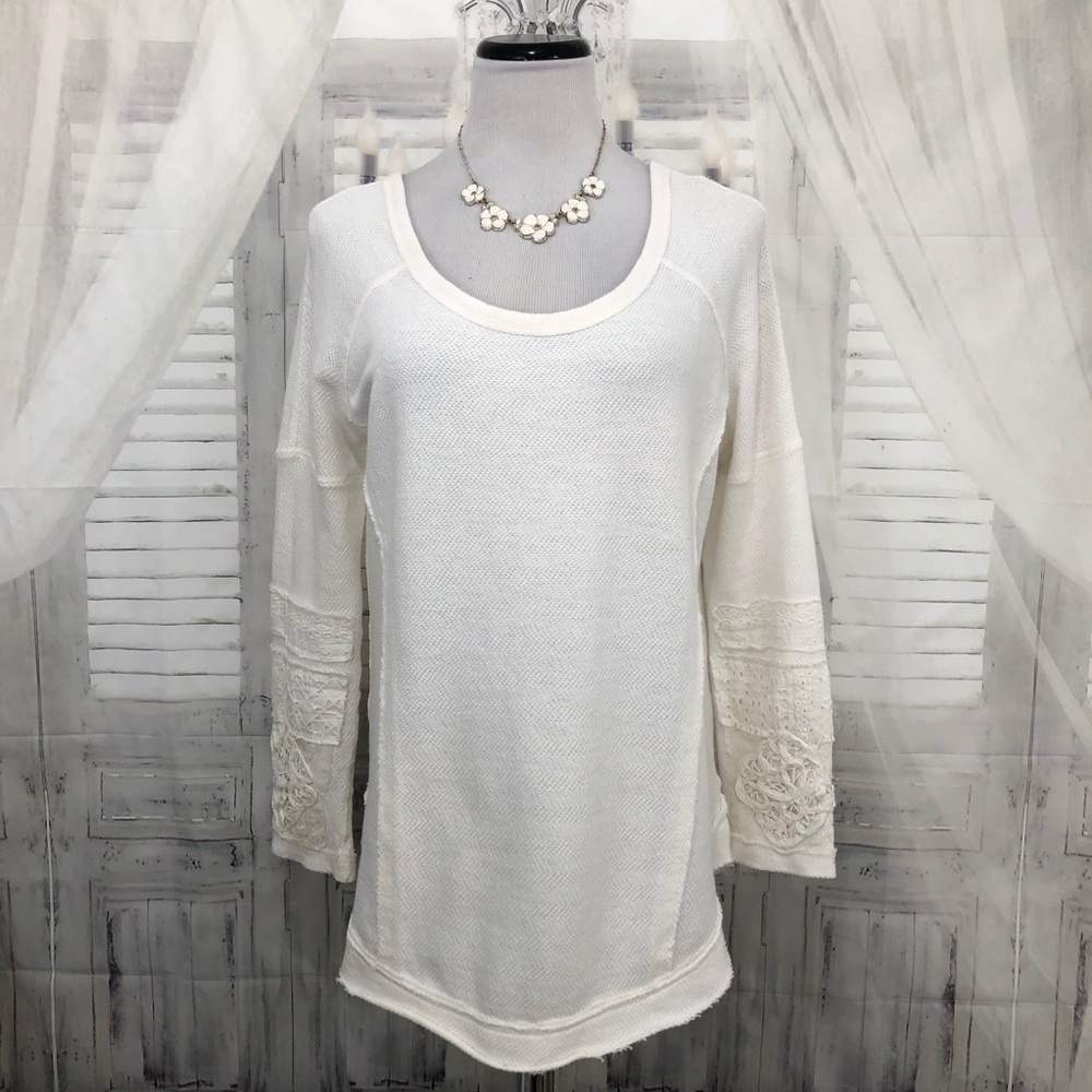 Free People Small White Small Oversized Scoop Neck Lace Long Sleeve Cotton